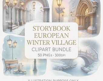 Storybook European Winter Village Clipart Bundle, Pastel Christmas Houses, Cozy Winter Storefronts, Soft Watercolor PNGs for DIY Storybooks