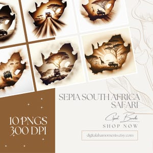 Mappa del Sudafrica PNG / Clipart di Jeep safari seppia / Contorno di polvere africana / Arte di avventura di viaggio / 10 stampe in stile vintage