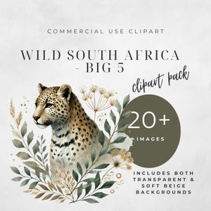 Pacchetto di clipart sulla fauna selvatica sudafricana, 12 PNG di Big 5 Animals, arte acquerellata dipinta a mano, sfondo trasparente, digitale a tema safari