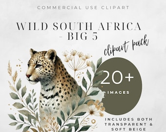 South African Wildlife Clipart Bundle, 12 PNGs of Big 5 Animals, Hand-Painted Watercolor Art, Transparent Background, Safari-Themed Digital