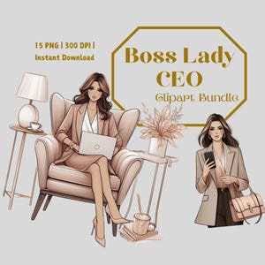 Boss Lady Clipart | 15 PNGs | CEO Office Chic Woman, Blush Pink & Gold, Planner Girl, Business Branding, Transparent Background