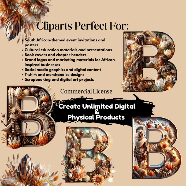 South African-themed event invitations and posters
Cultural education materials and presentations
Book covers and chapter headers
Brand logos and marketing materials for African-inspired businesses
Social media graphics and digital content