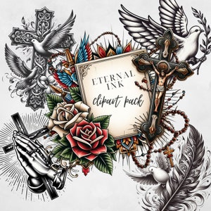 May include: A collection of religious-themed clipart featuring crosses, doves, roses, praying hands, and a crucifix. The central element is a parchment with the text "Eternal Ink clipart pack."