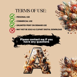 May include: A digital illustration of the letter A, decorated with a floral design featuring dried protea flowers in shades of brown, gold, and red. The image includes text that reads "TERMS OF USE: PERSONAL USE, COMMERCIAL USE, UNLIMITED PRINT ON DEMAND USE, MAY NOT BE SOLD AS CLIPART DIGITAL DOWNLOAD. Please contact me if you have any questions."
