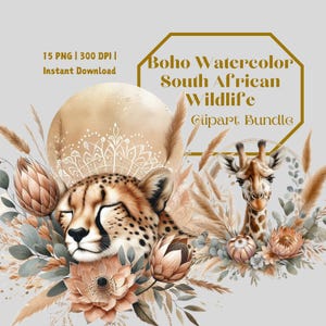Clipart Boho della fauna selvatica sudafricana / 15 PNG / Animali acquerellati, fiori di protea, accenti dorati tribali / Download digitale trasparente