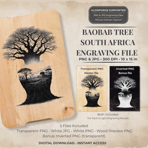 May include: A wooden baobab tree engraving file, featuring a detailed tree design with a savanna scene within the trunk. Includes PNG and JPG files, 10 x 15 inches, for digital download. The text reads "BAOBAB TREE SOUTH AFRICA ENGRAVING FILE".