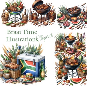 Braai Time Illustrations - 14 BBQ Clipart PNGs - Digital Download Scrapbooking
