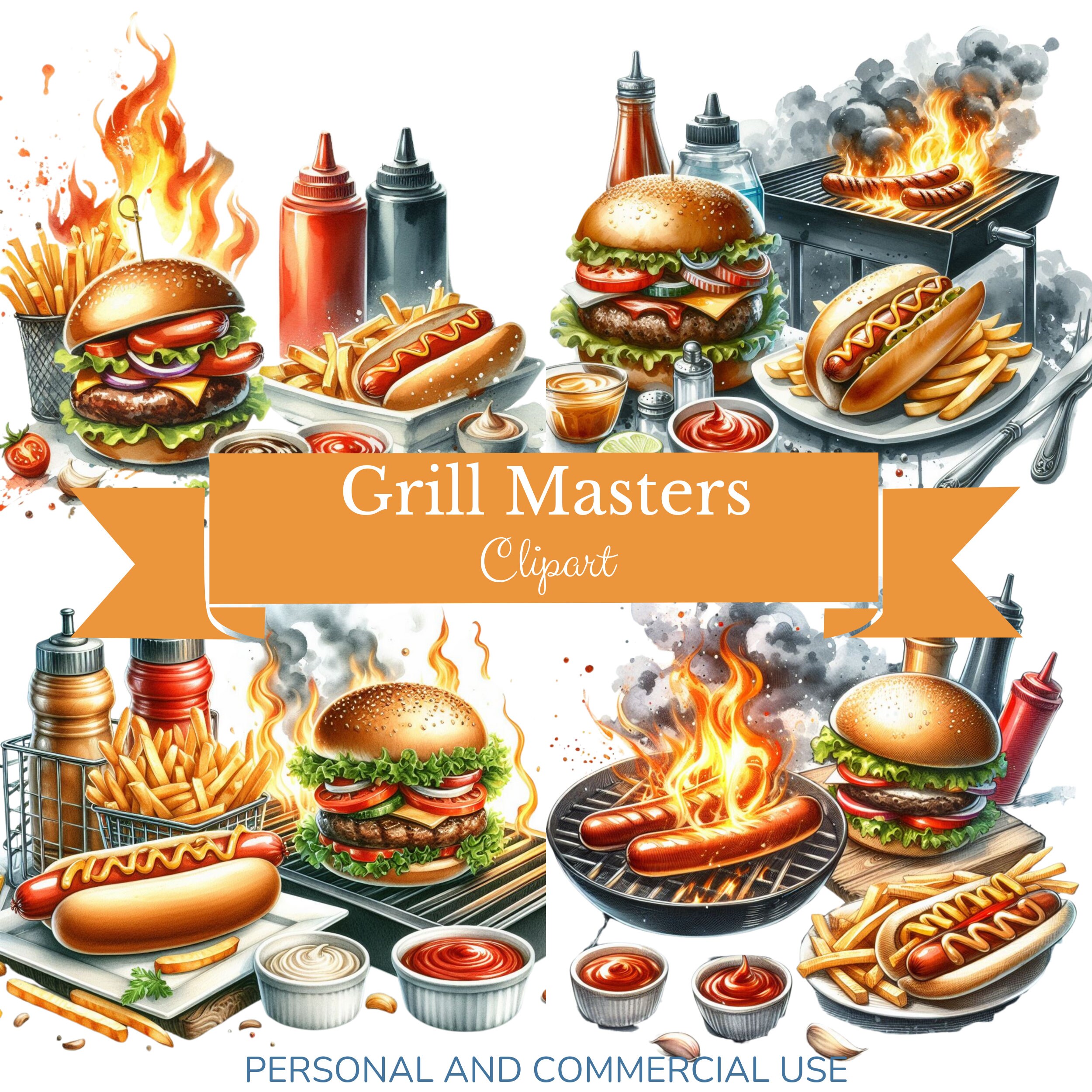 Watercolor BBQ Clip Art (40 Pngs) - Barbecue Graphics Set - Grill ...