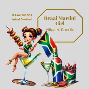 Pacchetto di clipart di Braai Martini Girl / 12 PNG / Cocktail Art a tema sudafricano / Disegni di umorismo su rugby e braai per tazze e magliette