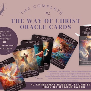May include: A set of 30 Christian Healing Oracle Cards with colorful illustrations and inspirational quotes. The cards are designed to help you connect with your spirituality and find healing and guidance. The cards are packaged in a box with a purple background and the text "Experience Christmas Blessings: Christian Healing Oracle Cards".