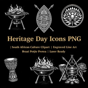 Puede incluir: Iconos de arte lineal grabados en blanco y negro para el Día del Patrimonio. La imagen incluye una braai, escudo con lanzas, flor de loto, tambor y olla potjie. El texto dice "Heritage Day Icons PNG".