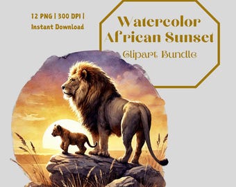 Watercolor African Sunset Clipart: Safari Wildlife PNG Illustrations (Digital Download)