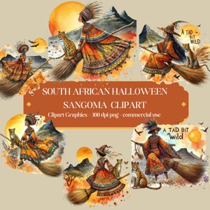 Può includere: Set di clipart digitale di Sangomas sudafricane di Halloween che volano su scope con leopardi. La clipart è in stile acquerello con una vibrante tavolozza di colori arancio, giallo e marrone. Il testo "A Tad Bit Wild" è incluso nell'immagine.