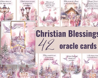 Cartes Oracle de Noël chrétien | Jeu de 42 bénédictions avec aquarelle rose - Comprend un livre électronique et une vidéo explicative, téléchargement numérique