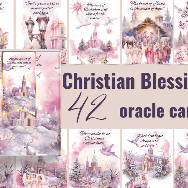 Christian Christmas Oracle Cards | 42 Blessings Deck with Pink Watercolor - Includes eBook & How-To Video, Digital Download