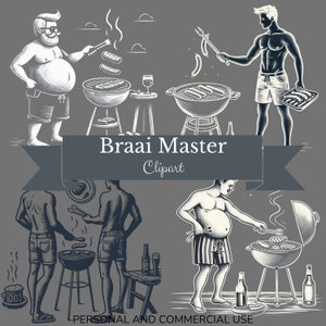May include: Black and white illustration of four people barbecuing outdoors. The illustration includes two men grilling sausages on a barbecue grill, one man holding a fork with a sausage on it, and one man holding a plate of sausages. The text "Braai Master Clipart" is included in the image.
