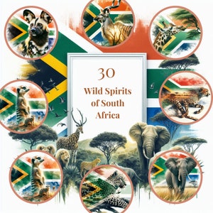 Bundle di clipart Wild Spirits of South Africa, 30 immagini ad alta risoluzione 300 DPI, arte della fauna selvatica a doppia esposizione, senza sfondi trasparenti