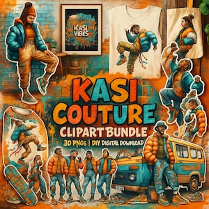 Puede incluir: Un collage de arte digital con el texto "Kasi Couture Clipart Bundle" e ilustraciones de personas con ropa urbana, una impresión enmarcada, una camiseta y un bolso de mano. La paleta de colores incluye turquesa, naranja y marrón.
