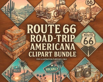 Route 66 Clipart-paket | Retro Americana Road Trip PNG | Veteranbilar och motorvägsskyltkonst | Digital nedladdning av USA-resor för Cricut och Subli