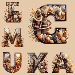 May include: A set of six decorative letters, E, M, U, X, and A, each crafted in a 3D style with intricate details. The letters are adorned with gold and brown accents, featuring floral patterns, animal figures, and human figures in traditional attire. The letters are set against a beige background.