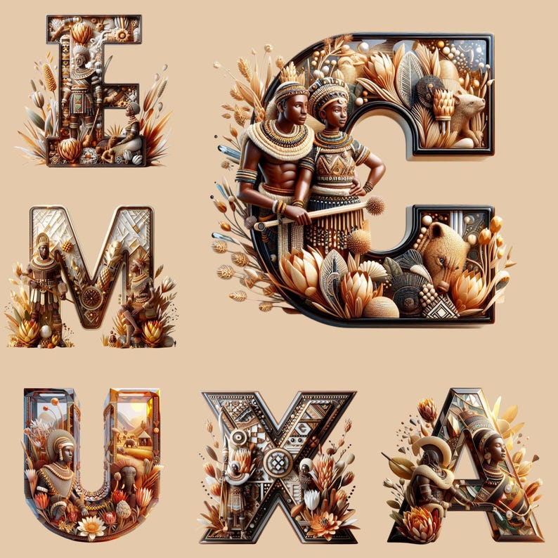 May include: A set of six decorative letters, E, M, U, X, and A, each crafted in a 3D style with intricate details. The letters are adorned with gold and brown accents, featuring floral patterns, animal figures, and human figures in traditional attire. The letters are set against a beige background.