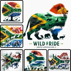 Wild Pride südafrikanische Flagge Big 5 Clipart Bundle, afrikanische Tiere PNG Safari digitaler Download Reise Blog Grafiken, Social Media Marketing