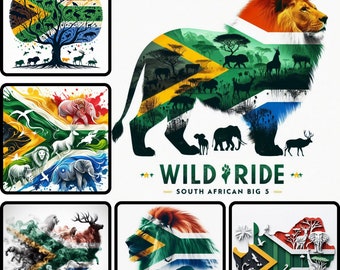 Wild Pride South African Flag Big 5 Clipart Bundle, African Animals PNG Safari Digital Download Travel Blog Graphics, Social Media Marketing