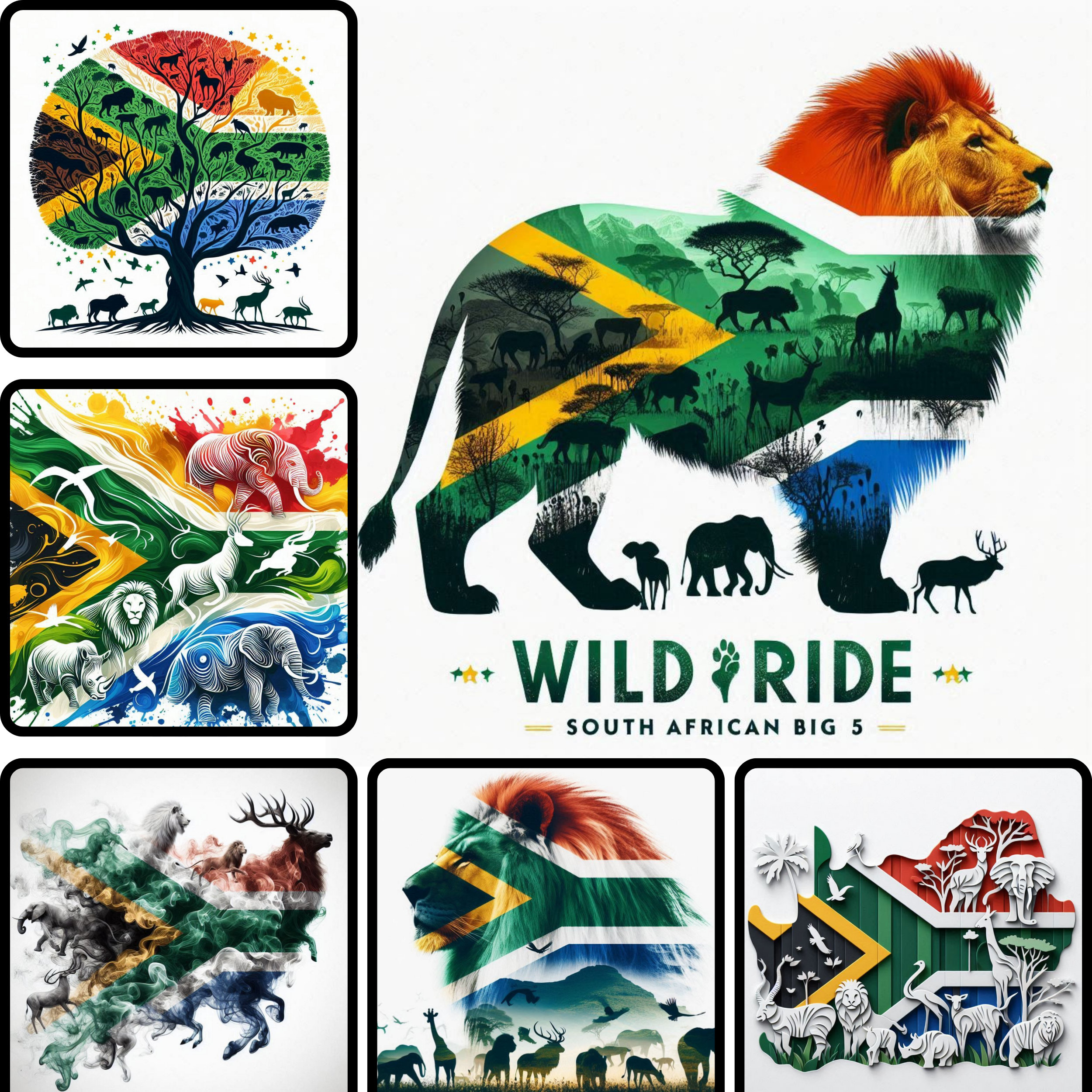 Wild Pride South African Flag Big 5 Clipart Bundle, African Animals PNG Safari Digital Download Travel Blog Graphics, Social Media Marketing
