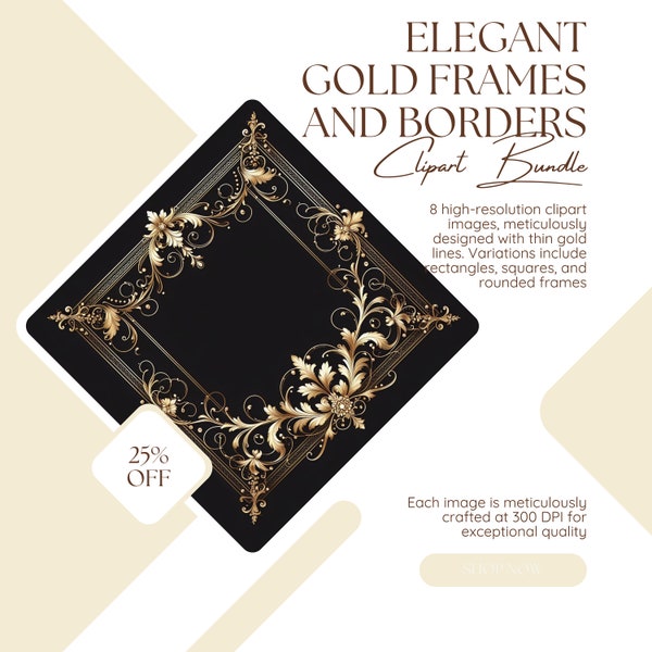 Elegant Gold Frames and Borders Bundle - 8 Digital Downloads Transparent Background
