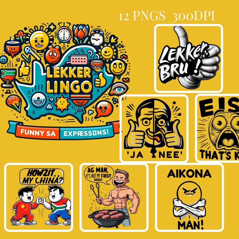 Whether you're a homesick South African, a proud local, or just someone who appreciates the quirky charm of SA expressions, this pack is for you! From "Ag man, it's not my first braai!" to "Eish! That's kak!".