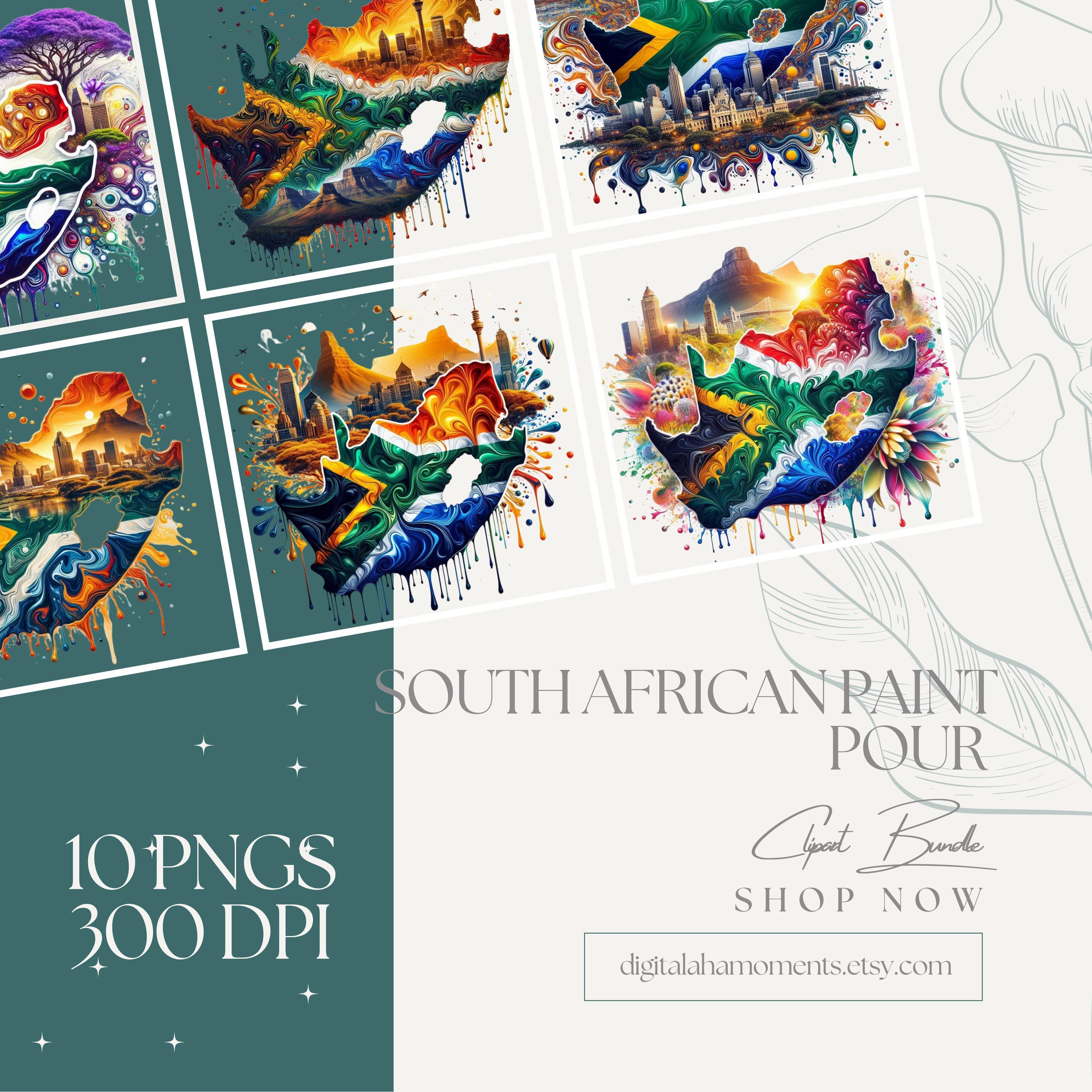 South Africa Paint Pour PNG | Table Mountain Johannesburg Skyline | Protea Jacaranda Liquid Art | African Silhouette Clipart | 10 Images