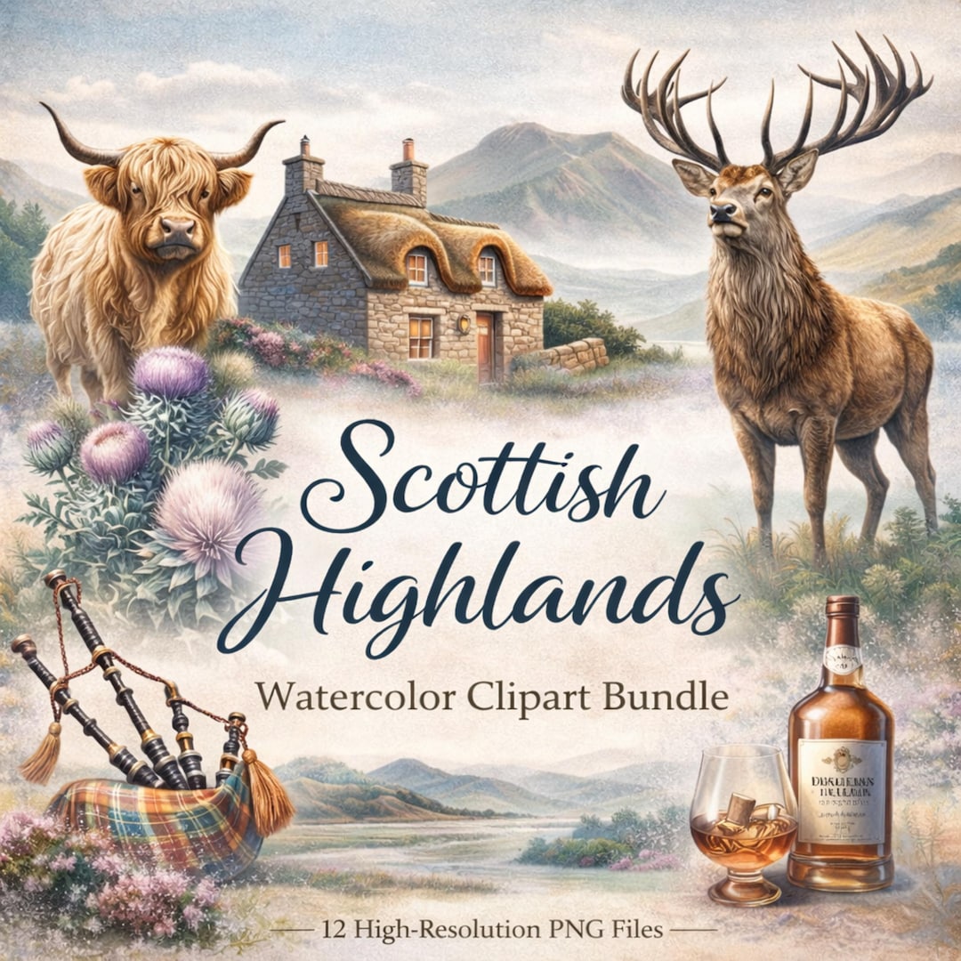 Scottish Highlands Clipart Bundle | Highland Cow PNG | Thistle Stag ...