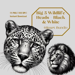 Big 5 Animal Heads Clipart: Black & White Wildlife PNGs (Digital Download)