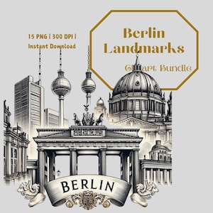 Berlin Landmarks Clipart Bundle | Brandenburg Gate, TV Tower & More | Vintage Ink Sketch Digital Art PNG | Gold Accent