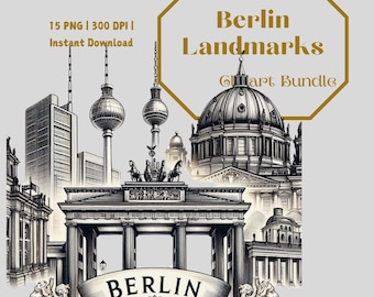 Può includere: Un'illustrazione in bianco e nero di famosi monumenti di Berlino, tra cui la Porta di Brandeburgo, l'edificio del Reichstag e la Cattedrale di Berlino. L'immagine include il testo "Berlin Landmarks Clipart Bundle".