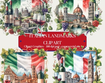 Italy Clipart Bundle, Watercolor Landmarks Wine, Italian Flag Art, Digital Download, Invitations, Wine Labels, Travel Journals, Scrapbooking