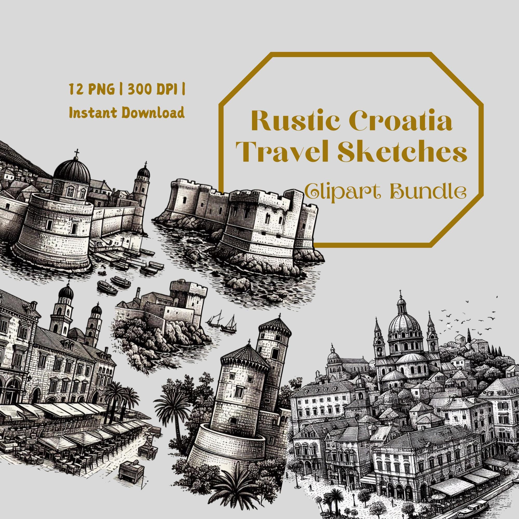 Rustic Croatia Travel Sketches Clipart | 12 PNGs | Vintage Ink Landmark Illustrations, Dubrovnik, Rovinj, Adriatic Coast | Digital Download
