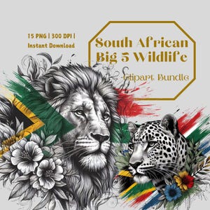 Clipart della fauna selvatica sudafricana / 15 PNG / Big 5 Ink Sketch, colori della bandiera, King Protea, sfondo trasparente, download digitale