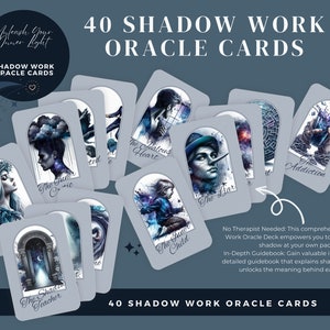 May include: A set of 40 oracle cards with a blue and white color scheme. The cards feature illustrations of people and abstract designs. The cards are titled "Shadow Work Oracle Cards".