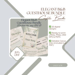 Elegantes B & B Gästehaus Printable Bundle | 20 Canvas-Vorlagen JPEG, PNG-Zeichen | Wlan, Hausordnung, Zimmerdeko, Frühstückskarte, Türschild