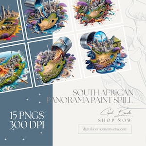Derrame de pintura de Sudáfrica PNG / Arte del horizonte de la nación arcoíris / Imágenes prediseñadas de los cinco grandes animales Protea / Mapa provincial Liquid 15 Imagen hiperrealista