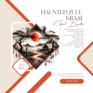 Halloween africano PNG / Arte zulú espeluznante / Clipart de fantasmas tribales / Pueblo africano embrujado / Impresiones en acuarela de 10 tintas
