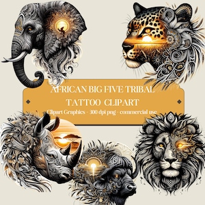 Peut inclure: Cinq motifs de tatouage tribaux d'animaux africains : un éléphant, un lion, un rhinocéros, un léopard et un buffle. Chaque animal est représenté dans un style noir et blanc détaillé avec des accents dorés et des motifs complexes.