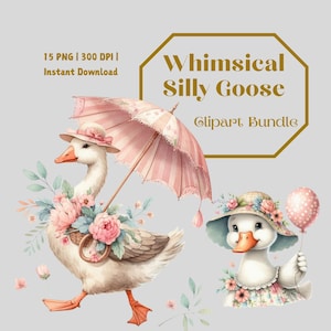 Silly Goose Clipart Set, Whimsical Watercolor Goose PNGs, Cute Baby Shower & Farm Animal Decor, Cottagecore Goose Digital Download