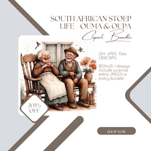 Afrique du Sud Ouma et Oupa Clipart | Images JPEG fantaisistes Stoep Life | Scènes de porche pour grands-parents pour journaux, cartes, impressions et cadeaux