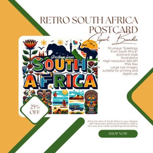 Südafrika Postkarte PNG | Grüße von SA Digital Art | Afrikanische Reise Clipart | Retro Souvenir Design | 10 Bilder im Vintage-Stil