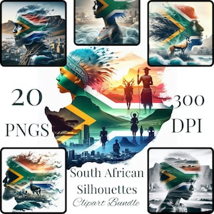 Pacchetto clipart sagome sudafricane / doppia esposizione sagome zulu e boscimani con bandiera e viste di Città del Capo / 20 PNG, 300 DPI