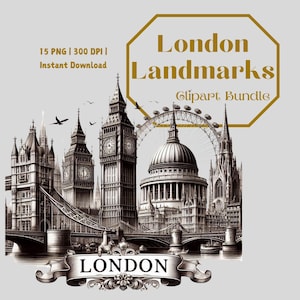 London Landmarks Clipart Bundle | Big Ben, Tower Bridge, Buckingham & More | Vintage Ink Sketch Digital Art PNG | Gold Accent