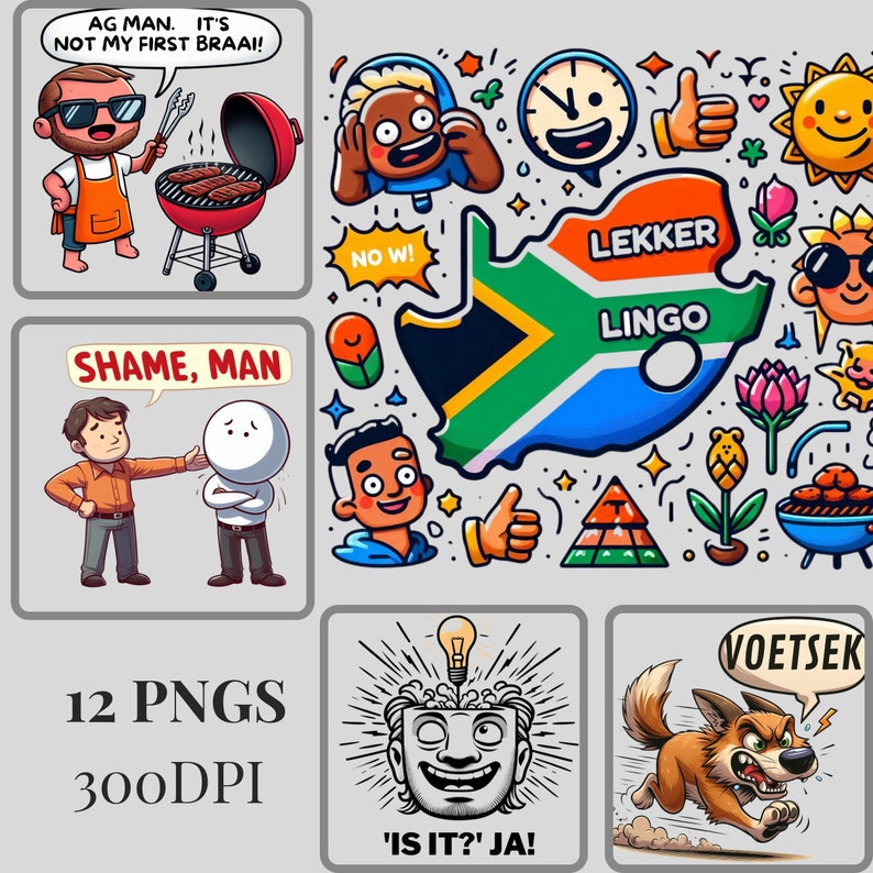 Thumbs-up hand gesture with "Lekker, bru!" in graffiti style
Quirky clock with hands pointing to "now" and "just now" instead of numbers
Cartoon dog running away with "Voetsek!" speech bubble