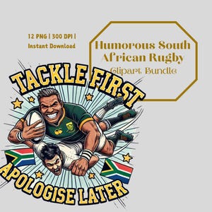 Pacote de clipart engraçado de rúgbi | 12 PNGs | Humor Bokke | Designs de torcedores de rúgbi, scrum e tackle para canecas e camisetas | Esportes sul-africanos